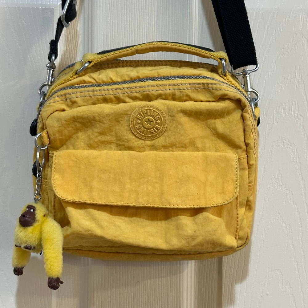 Kipling Yellow Crinkle Nylon Crossbody Bag with Monkey Keychain Small Messenger